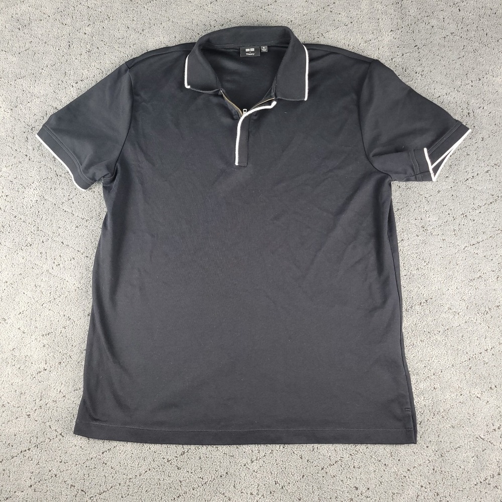 Uniqlo X Theory Polo Shirt Mens XL Black 1/4 Zip Short Sleeve Collared Casual